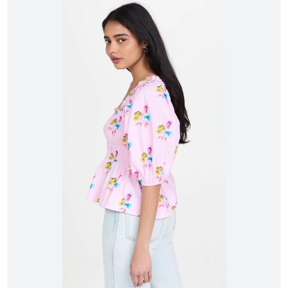 Ganni Lilac Floral Smock Top Square Neck Puff Sleeve Spring Size 44 New V13 - Picture 4 of 13